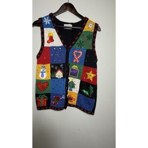 Vintage Christmas Sweater Vest Small Basic Editions Beaded Sequin Patchwork Ugly